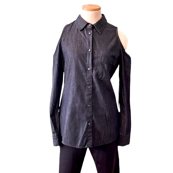 AG Adriano Goldschmied Button Down Cold Shoulder Long Sleeve, Dark Denim, Medium - Picture 6 of 11